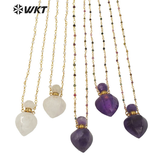 WT-N1277 Amazing Natural Hot Women Stone Drop Shape Perfume Bottle Necklace Gold Electroplated Crystal Essential Oil Necklace