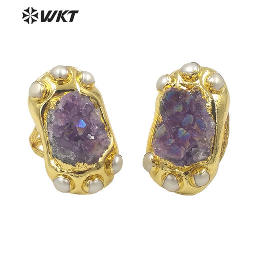 WT-R502 Fashion Women 18K Real Gold Plated Long Shape Natural Aura Druzy Amethyst Stone Ring With Freshwater Pearl Charms Around