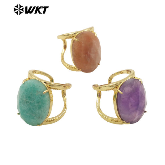WT-R525 Simple Design 18K Real Gold Plated Claw Setting Faceted Natural Stone Cocktail Women Ring in Available Size