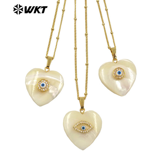 WT-JN270 Wholesale Fashion Gold Plated Natural White Shell Lovely Heart Cubic Zircon Charm Necklace for Birthday Gift Jewelry
