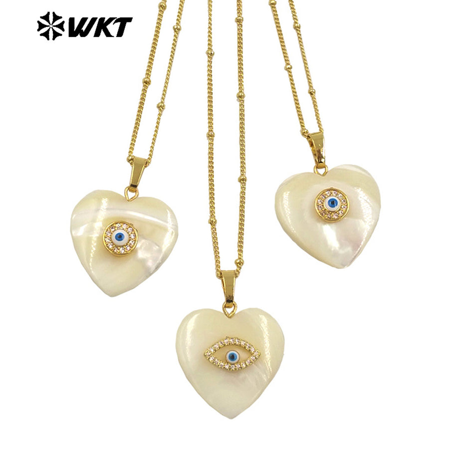 WT-JN270 Wholesale Fashion Gold Plated Natural White Shell Lovely Heart Cubic Zircon Charm Necklace for Birthday Gift Jewelry