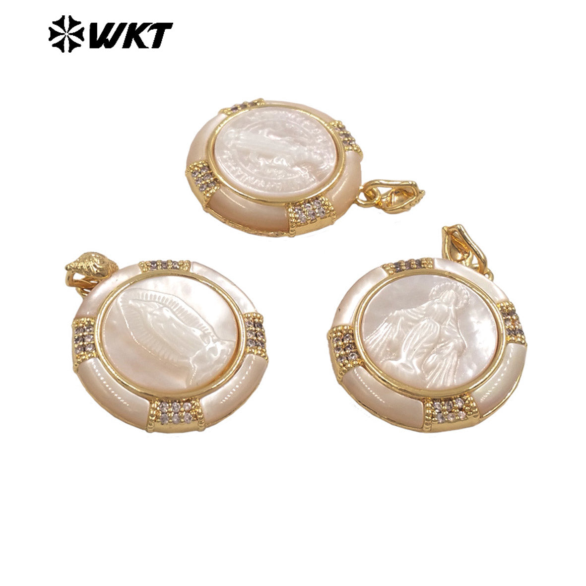 WT-JP428 Top Quality Gold Plated Round Shape Hand Carved Religious Style Little Mop Pendant For Women Necklace Design