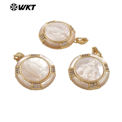 WT-JP428 Top Quality Gold Plated Round Shape Hand Carved Religious Style Little Mop Pendant For Women Necklace Design