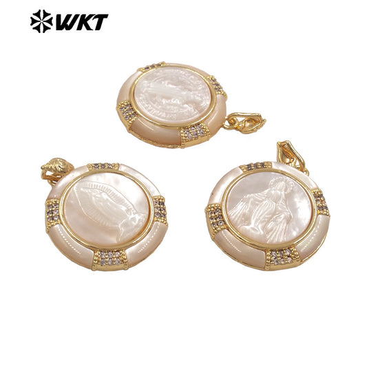 WT-JP428 Top Quality Gold Plated Round Shape Hand Carved Religious Style Little Mop Pendant For Women Necklace Design