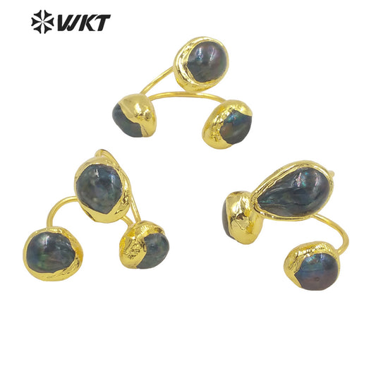 WT-MPR026 WKT 2022 Restoring Ancient Ways Natural Black Pearl Ring Style Natural MOP Ring Triple Ball Gold Plated Rings Women's