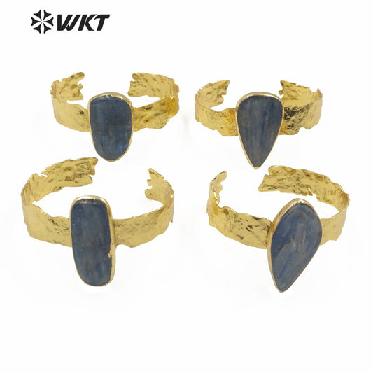 WT-B541 Classic Natural Blue Kyanite Bangle With Real Gold Plated Elegant Charm Jewelry Blue Kyanite Cuff Bangle