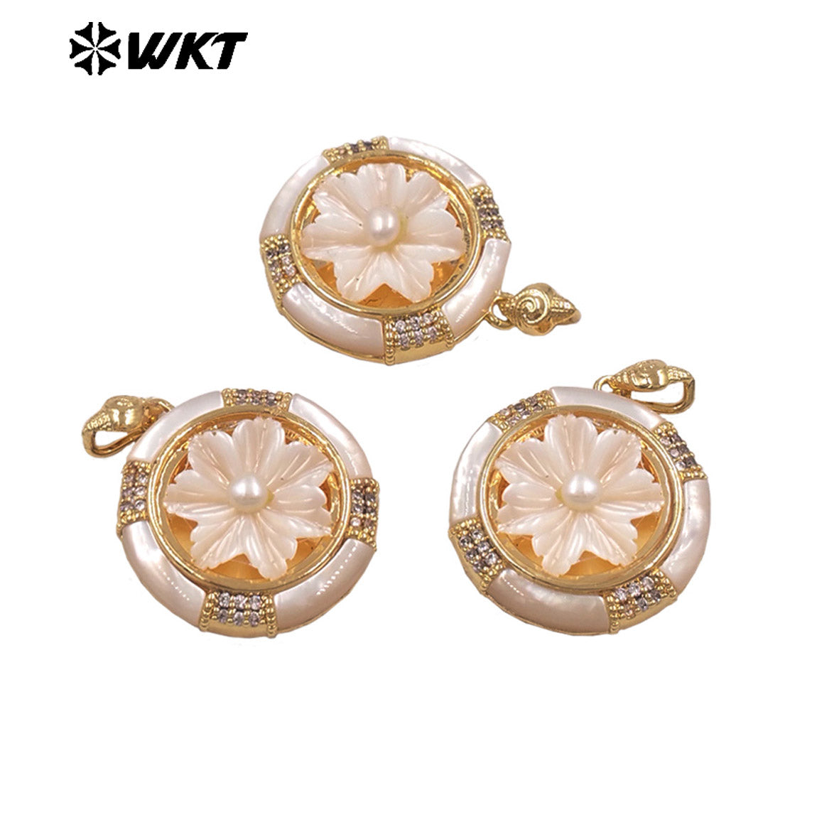 WT-JP469 Delicate Romantic Gold Plated Zircon And Natural Shell Hand Carved Flower Shape Pendant As Women Gifts Making