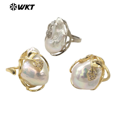 WT-MPR087 Gorgeous High Bright Natural Freshwater Baroque Pearl Ring Women Gold Claw Setting Precious Gift for Birthday