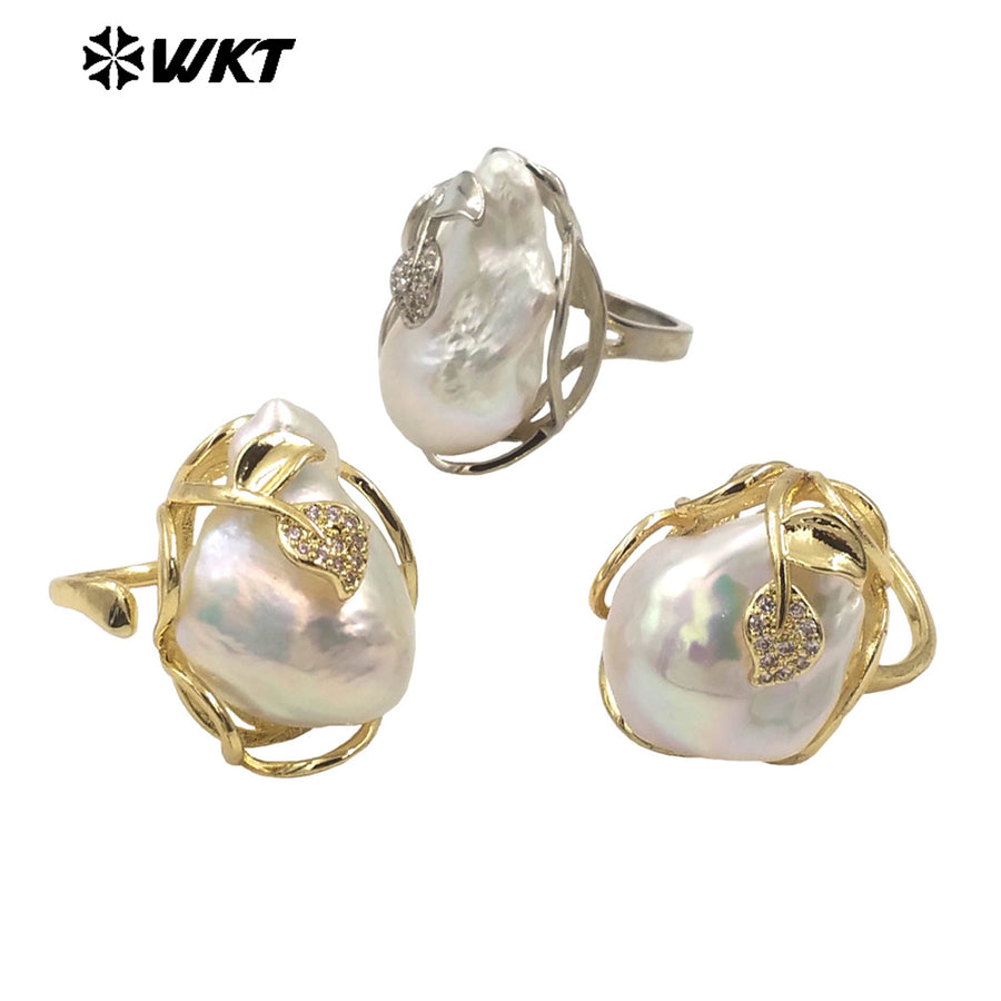 WT-MPR087 Gorgeous High Bright Natural Freshwater Baroque Pearl Ring Women Gold Claw Setting Precious Gift for Birthday
