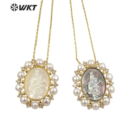 WT-JN166 WKT 2022 Fashion and Noble \White Shell and Pearl Virgin Mary Jesus Necklace for Big Party Women Retro Necklace