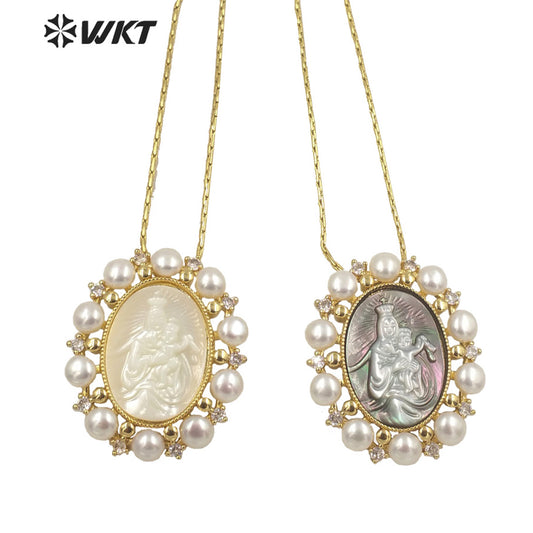 WT-JN166 WKT 2022 Fashion and Noble \White Shell and Pearl Virgin Mary Jesus Necklace for Big Party Women Retro Necklace