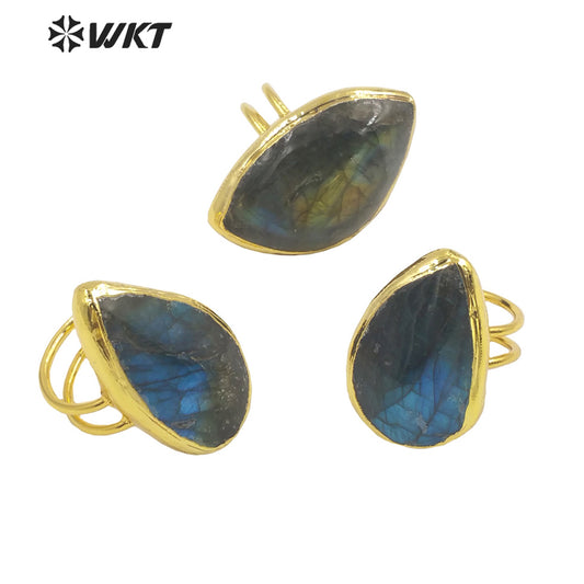 WT-R386 WKT 2022 New Style Natural Labradorite Ring Oval Shape Waterdrop Shape Noble Ring Natural Gemstone Ring for Girls Gift