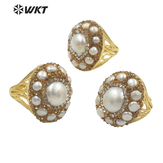 WT-MPR046 WKT Newest Handmade Rhinestone Setting Multi Pearl Ring Women Gold Plated Freshwater Pearl Wedding Ring for Gift