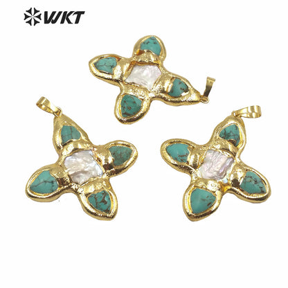 WT-JP216 WKT Jewelry Exclusive Unique Design Green Turquoise Stone Pendant Single Gold Plated Pearl Cross Pendant for Lady