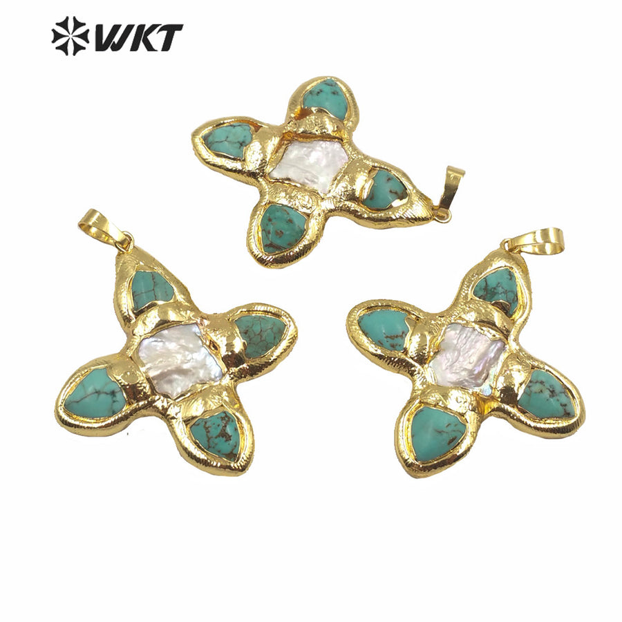 WT-JP216 WKT Jewelry Exclusive Unique Design Green Turquoise Stone Pendant Single Gold Plated Pearl Cross Pendant for Lady
