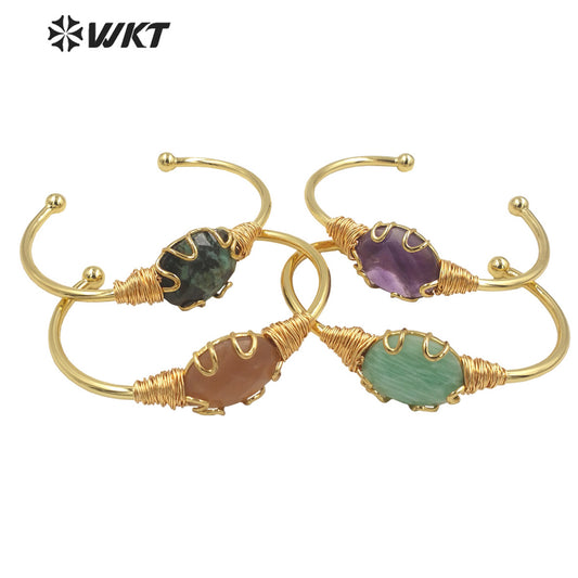 WT-B644 WKT Lovely Fashion Design Trendy Gift for Women Gemstone 18k Plating C Shaped Natural Colorful Gemstone Bracelets
