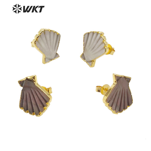 WT-E603 New Exclusive Design Fashion Gold Trim Sector Shell Studs Boho Style Charm Jewelry Natural Shell Studs