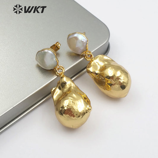 WT-E487 Bridal Wedding Jewelry White Pearl Earring or Gold Dipped Pearl Earring Jewelry Random Shape Baroque Pearl Earring