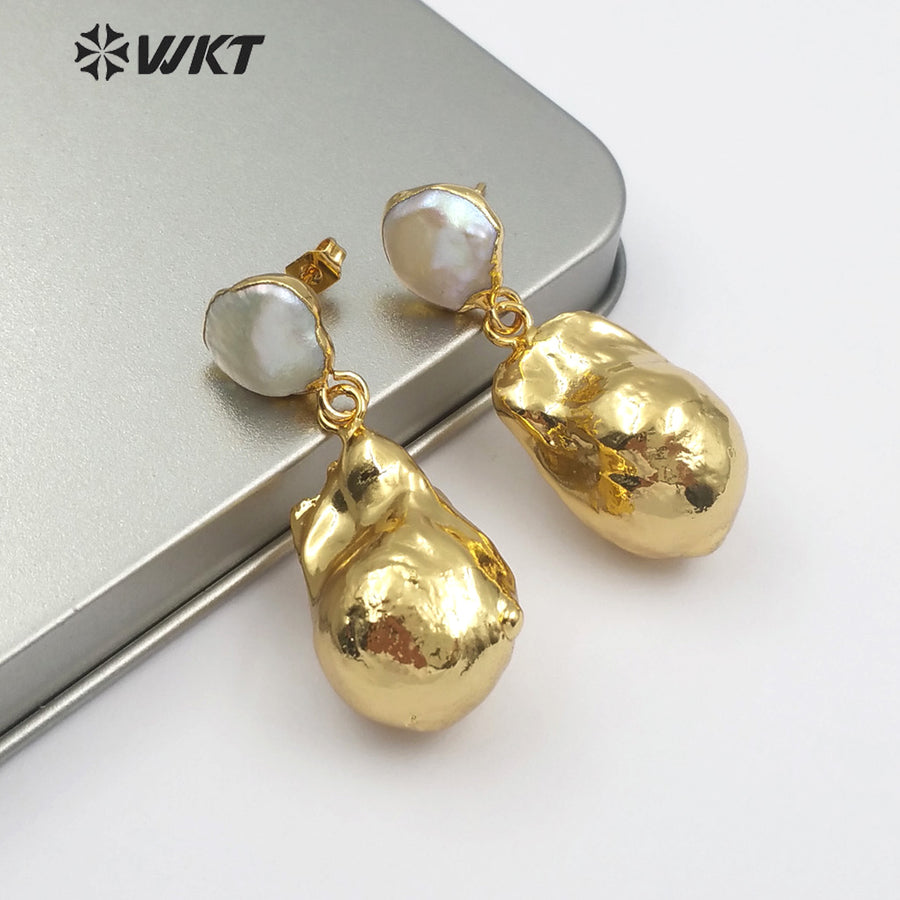 WT-E487 Bridal Wedding Jewelry White Pearl Earring or Gold Dipped Pearl Earring Jewelry Random Shape Baroque Pearl Earring