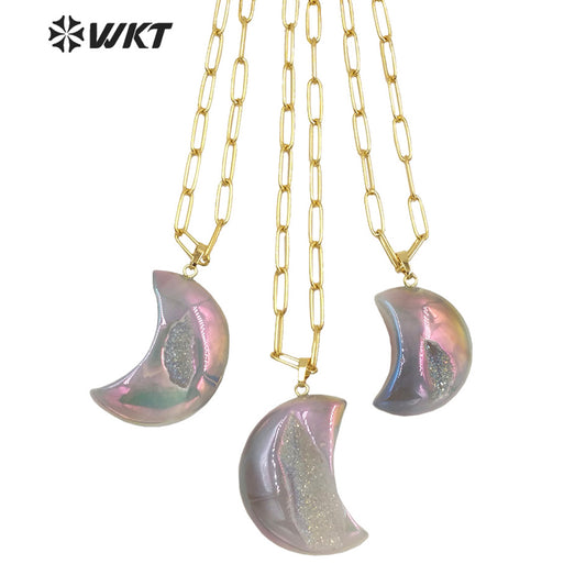WT-N1393 Wholesale Fashion Gold Aura Druzy Agate Stone Necklace Grey Geode Agate Moon Necklace with Link Chain Healing Necklace