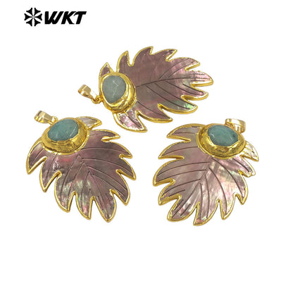 WT-JP472 High Quality Unique Gold Plated Natural Shell And Amazonite Stone Leaves Shape Pendant For Women Jewelry Decoration