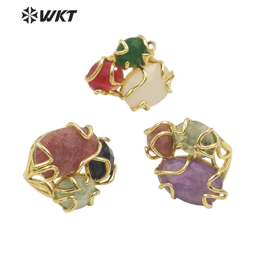 WT-R417 WKT NEW Design Gorgeous Triple Natural Gemstone Claw Setting Stone Ring Women Adjustable Precious Colorful Gold Ring
