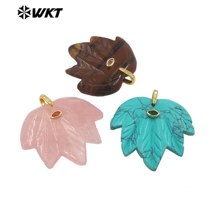 WT-P2136 Delicate Fashion Zircon And Natural Gemstones Carved Leaf Shape Gold Pendants For Lady Handmade Necklace Design
