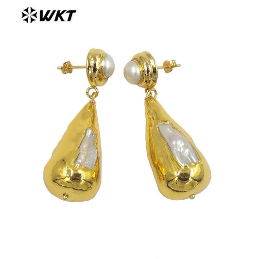 WT-MPE099 Latest Style Freshwater Pearl Drop Shaped Natural 18k Gold Plated Gift Weeding Romantic Pendant Earrings
