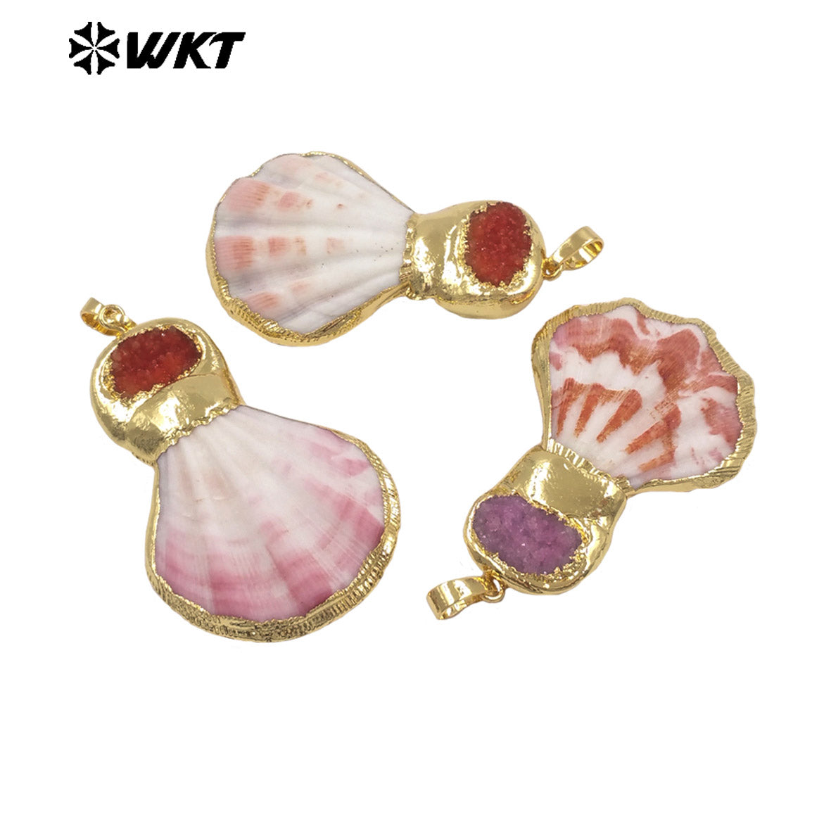 WT-JP507 New Arrival Gold Electroplated Natural Scallop Shell And Druzy Quartz Stone Splicing Pendant For Unique Jewelry DIY