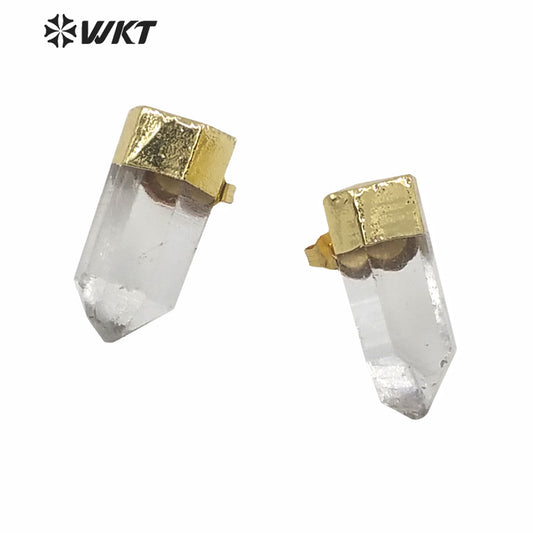 WT-E640 New Design Women Natural clear Crystal Quartz Earring Studs Fashion 18k Gold Plated Bullet Shape Quartz Studs