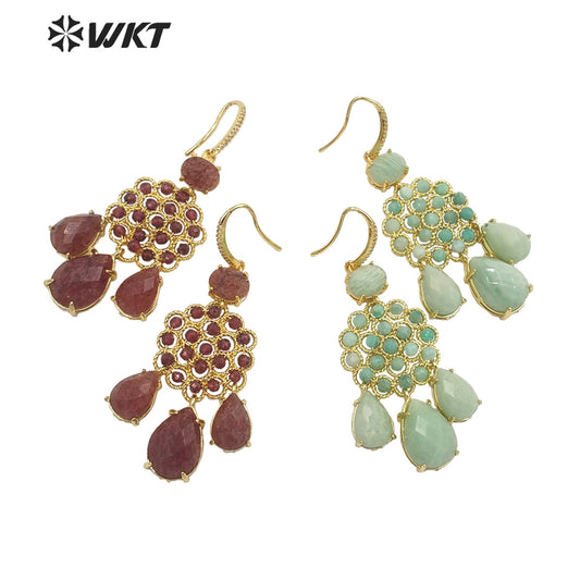 WT-E712 WKT Newest Precious Natural Gemstone Teardrop Earrings Labradorite Amethyst Stone Earrings for Party Gold Drop Earrings