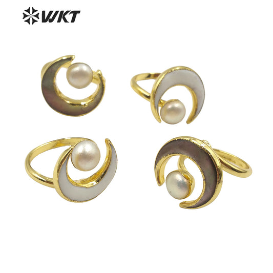 WT-R344 Unique Special Design Bohemian Crescent Shell Pearl Ring in 18k Gold Plated Women Fashion Pearl Ring
