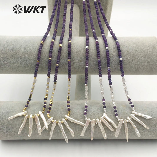 WT-JN105 Wholesale Natural Pearl Pendant Necklace With 3mm Amethyst Beads 3mm Brass Beads Chain Themed Pendant in Randomly Shape