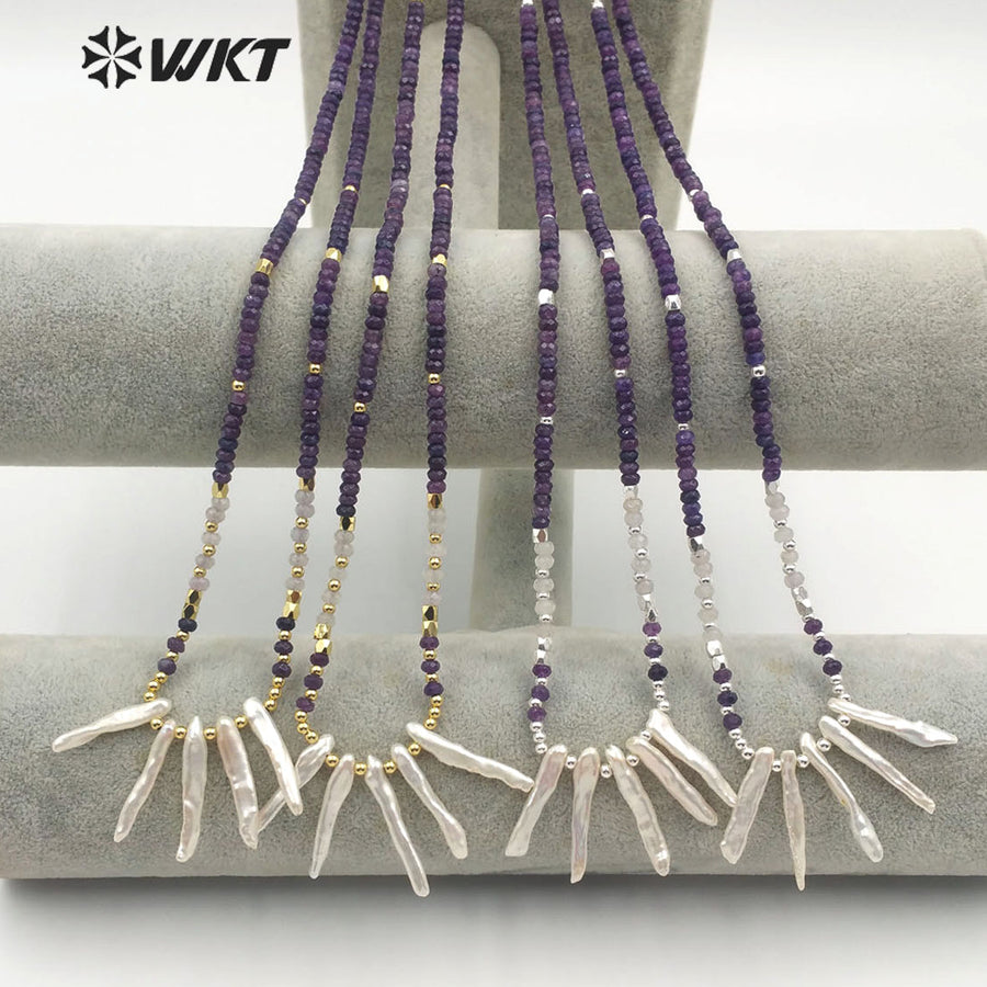 WT-JN105 Wholesale Natural Pearl Pendant Necklace With 3mm Amethyst Beads 3mm Brass Beads Chain Themed Pendant in Randomly Shape