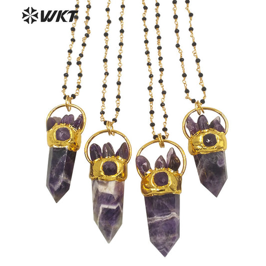 WT-N1274 Gorgeous Big Stone Necklace for Lady Precious Lucky Hexagonal Amethyst Stone Necklace for Birthday Gift