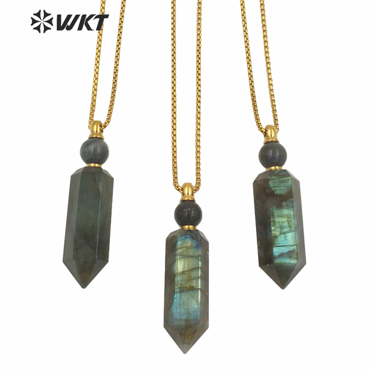 WT-N1256 Wholesale Gold Stainless Steel Hexagonal Shape Natural Labradorite Stone Gold Stainless Steel Metal Rose Quartz Stone
