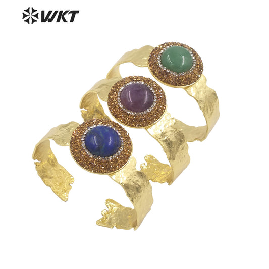 WT-B627 INS Trendy Gold Rhinestone Bangle Women 18k Gold Plated Round Stone Bangle Europe Boho Opening Stone Bangle