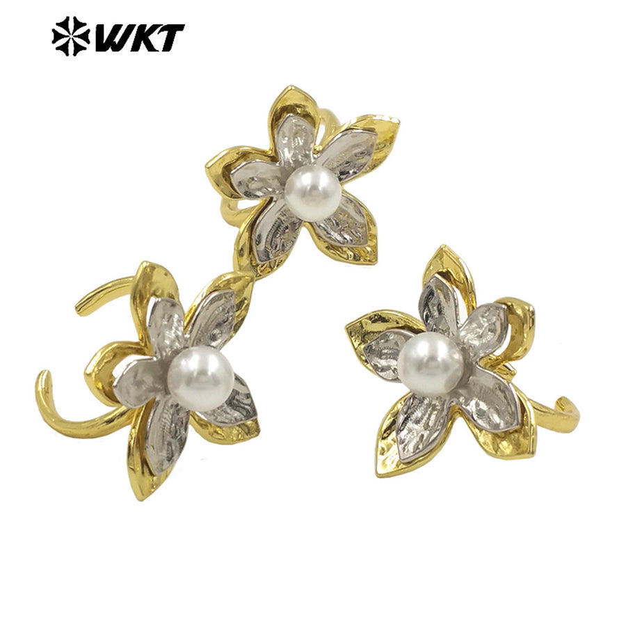 WT-MPR128 Popular Fashion Gold Plated Resist Tarnishable Flower Shape Artificial Pearl Ring for Women