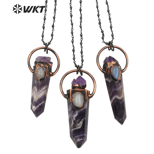 WT-N1264 WOMEN Antique Copper Plated Natural Amethyst Stone Necklace Fashion Energy Stone Point Amethyst Lucky Necklace