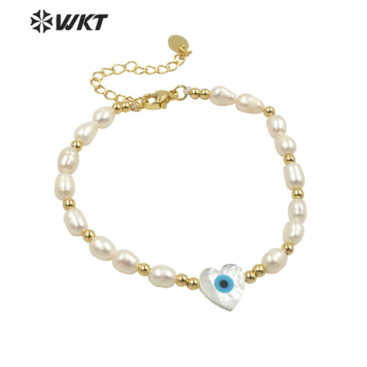 WT-MPB060 Wholesale Fashion White Freshwater Pearl Bracelet with Lobster Close Charming Shell Eye Beads Bracelet