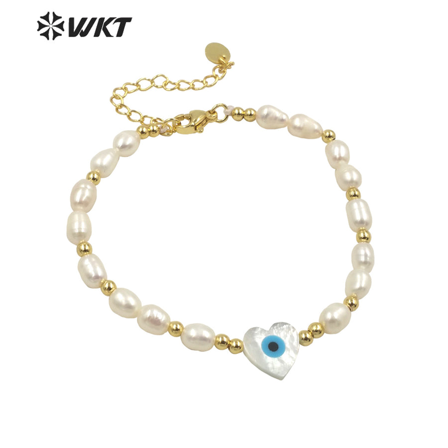 WT-MPB060 Wholesale Fashion White Freshwater Pearl Bracelet with Lobster Close Charming Shell Eye Beads Bracelet