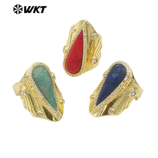 WT-R523 Amazing New Big Cocktail Long Pear Amazonite Stone Setting Women Party Ring or for Friend Birthday Gift
