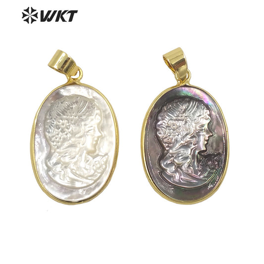 WT-JP269 Wholesale Fashion Gold Bezel Oval Chic Beauty Image Pendant Handmade Natural Shell Gorgeous Women Jewelry Big Pendant