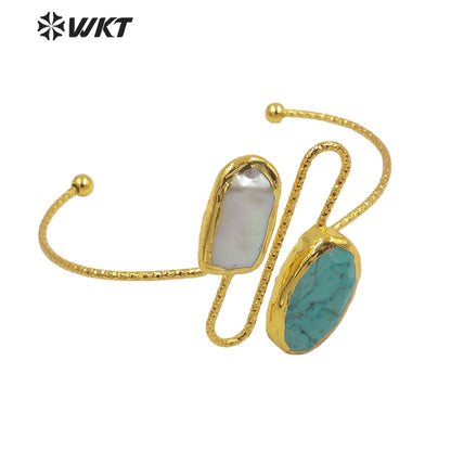 WT-MPB035 Amazing 18k Gold Electroplated Resist Tarnishable Turquoise and Pearl Cuff Bangle Gorgeous Gold Fashion Stone Bangle