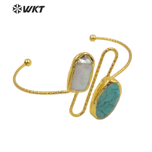 WT-MPB035 Amazing 18k Gold Electroplated Resist Tarnishable Turquoise and Pearl Cuff Bangle Gorgeous Gold Fashion Stone Bangle