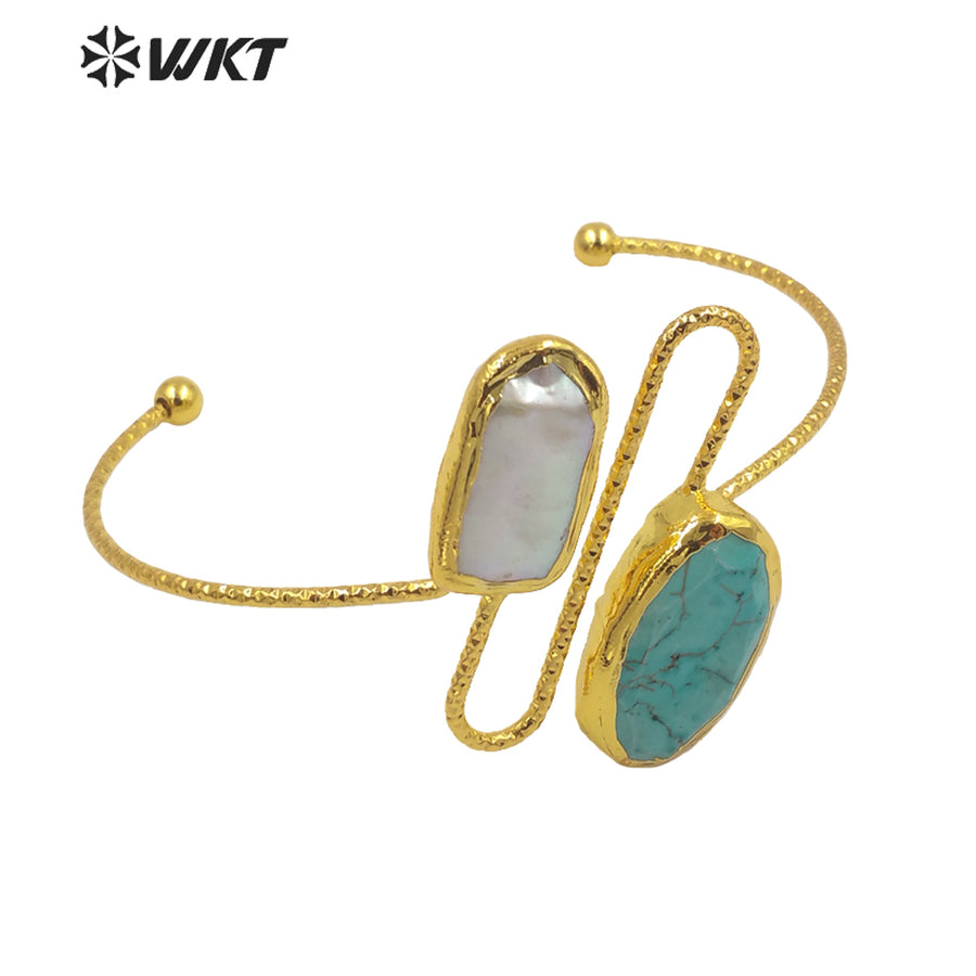 WT-MPB035 Amazing 18k Gold Electroplated Resist Tarnishable Turquoise and Pearl Cuff Bangle Gorgeous Gold Fashion Stone Bangle