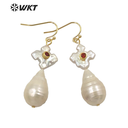WT-MPE056 Elegant Gorgeous Natural Freshwater Baroque Pearl Drop Earrings Fashion Office Style White Real Pearl Teardrop Earring