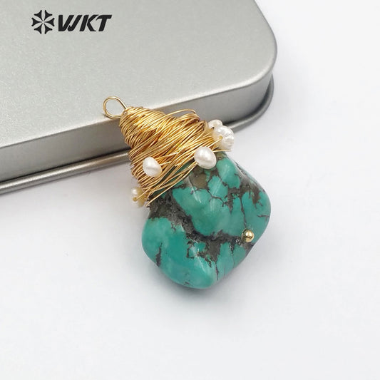 WT-P1444 Natural Stone Necklaces Pendant With Copper Wire Charm White Beads Embellishment Green Pendant Turquoise Pendant
