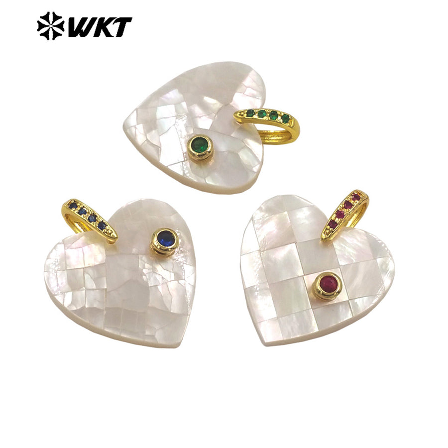 WT-JP483 Classic Fashion Gold Plated Zircon Setting In White Shell Heart Shape Little Pendants As DIY Necklace Accessories
