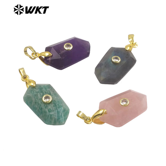 WT-P2017 Delicate Geometric Shape Multi Colors Natural Gemstones Set In Zircon Small Pendants For Trendy Jewelry Handmade